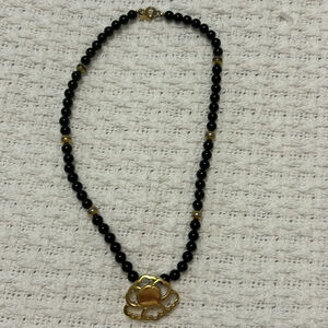 VINTAGE TRIFARI necklace black & gold tone beads gold tone 'pendant' 15" long